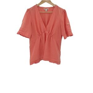 Banana Republic Women's Coral Linen Roll-Tab Sleeve V-Neck Top Blouse Size‎ L